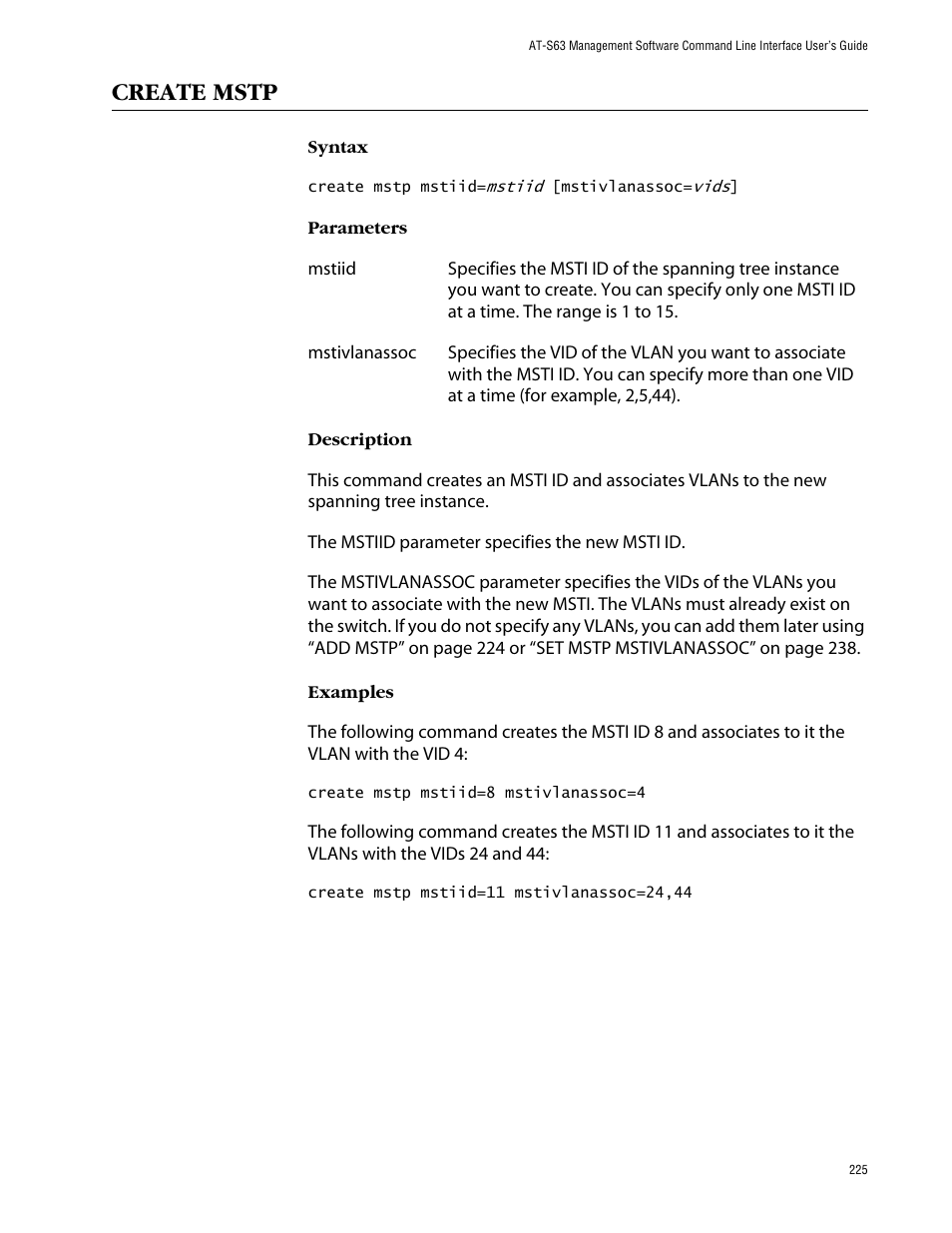 Create mstp | Allied Telesis AT-S63 User Manual | Page 225 / 464