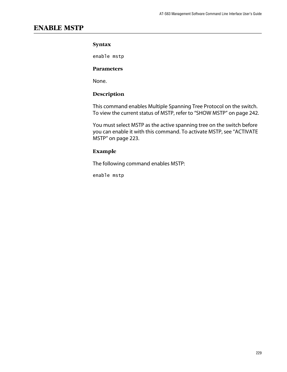 Enable mstp | Allied Telesis AT-S63 User Manual | Page 229 / 464