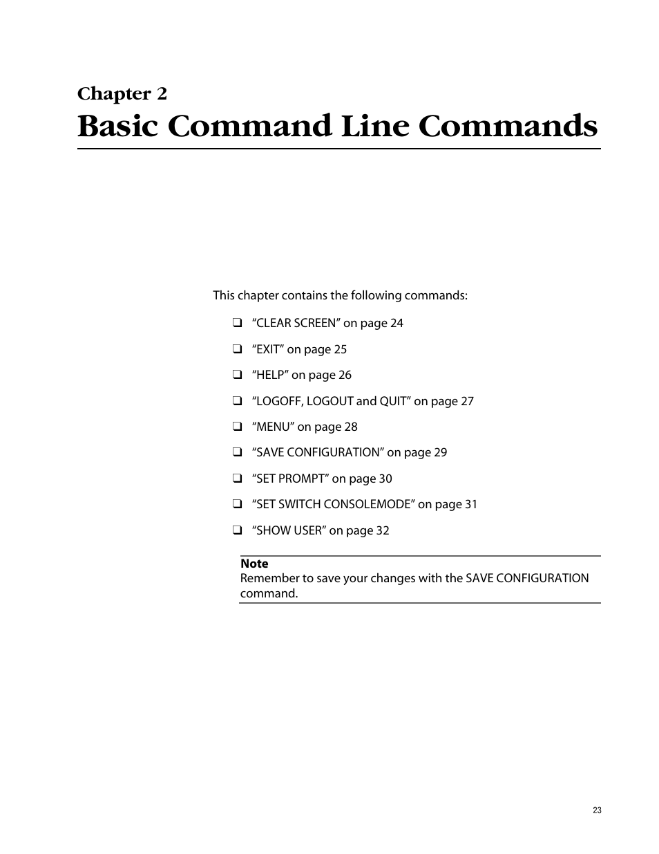 Chapter 2, Basic command line commands, Chapter 2 basic command line commands | Allied Telesis AT-S63 User Manual | Page 23 / 464