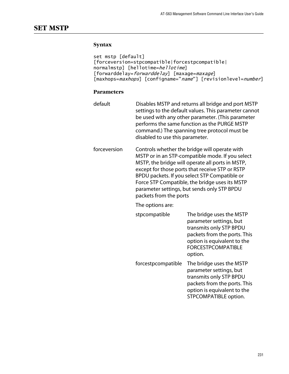 Set mstp | Allied Telesis AT-S63 User Manual | Page 231 / 464