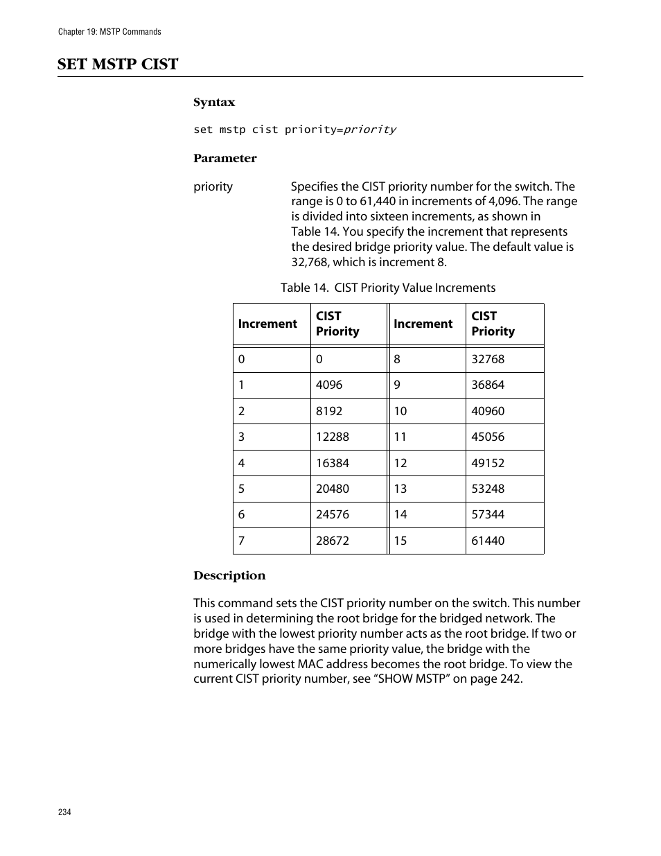 Set mstp cist | Allied Telesis AT-S63 User Manual | Page 234 / 464