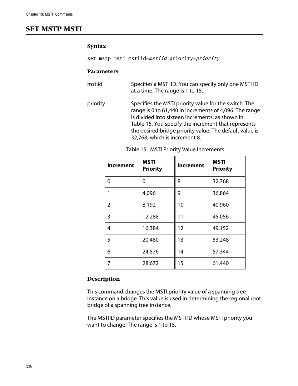 Set mstp msti | Allied Telesis AT-S63 User Manual | Page 236 / 464