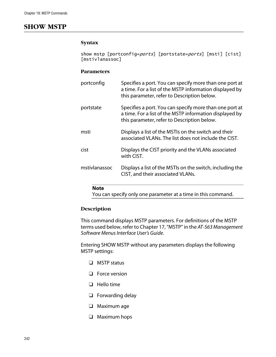 Show mstp | Allied Telesis AT-S63 User Manual | Page 242 / 464