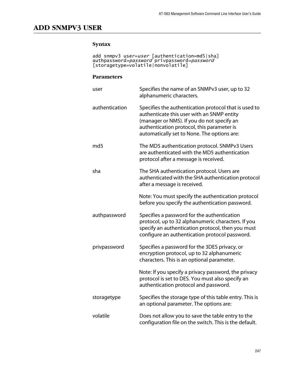 Add snmpv3 user | Allied Telesis AT-S63 User Manual | Page 247 / 464