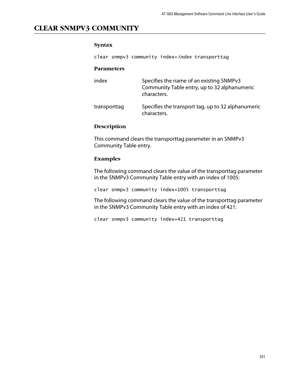 Clear snmpv3 community | Allied Telesis AT-S63 User Manual | Page 251 / 464