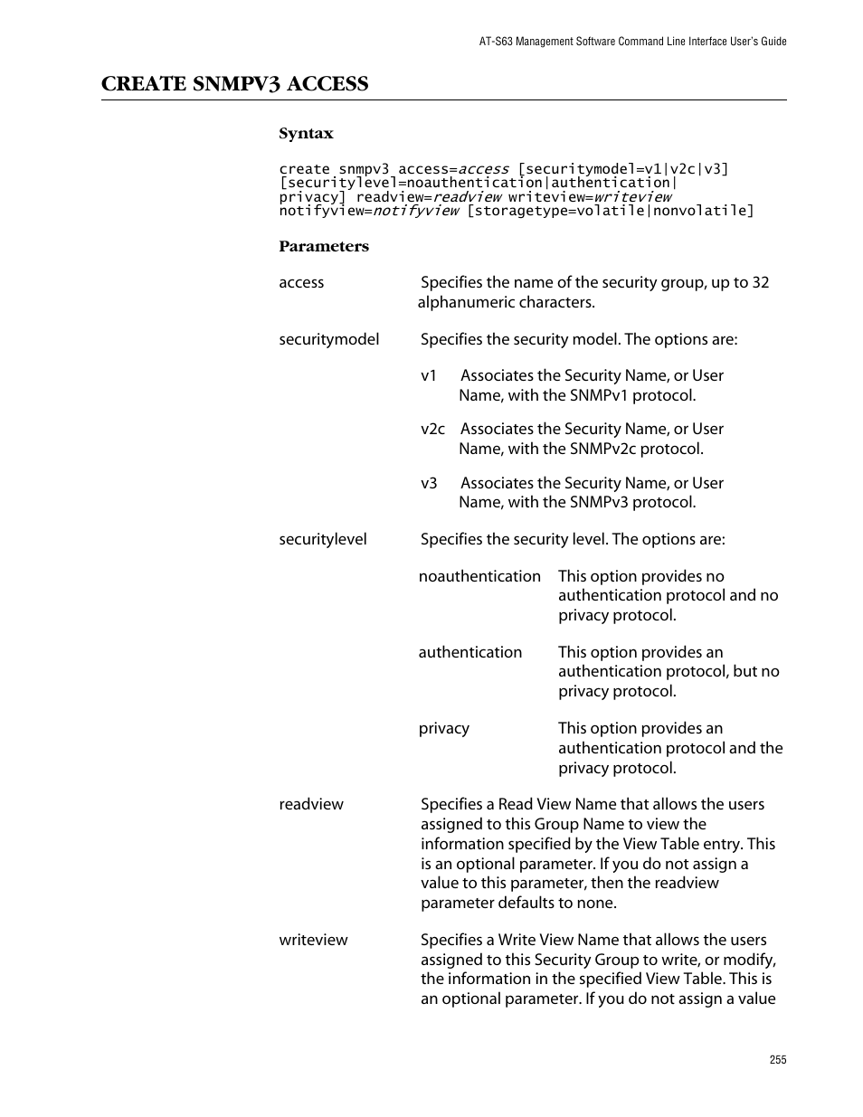 Create snmpv3 access | Allied Telesis AT-S63 User Manual | Page 255 / 464