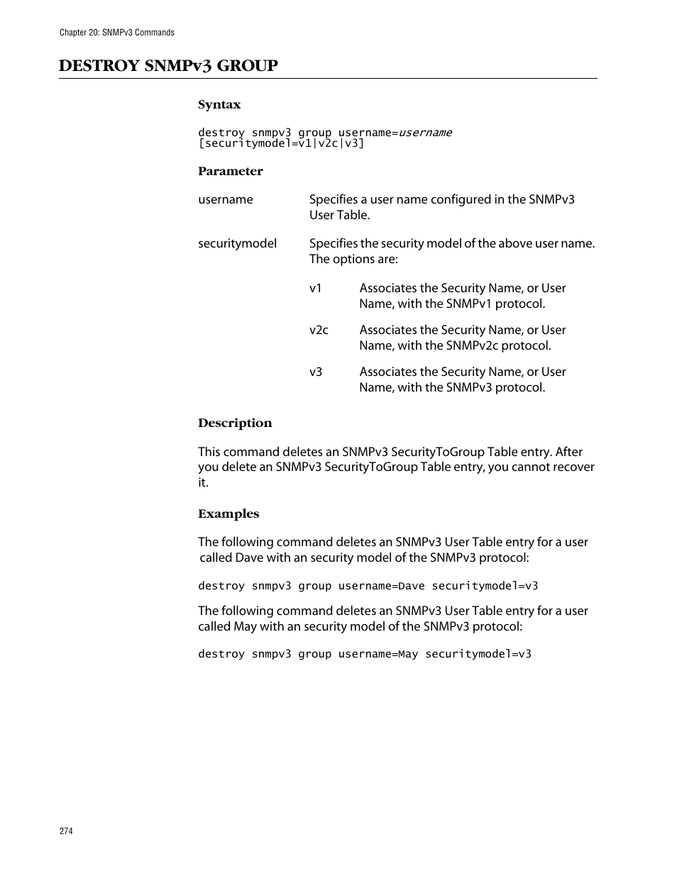 Destroy snmpv3 group | Allied Telesis AT-S63 User Manual | Page 274 / 464