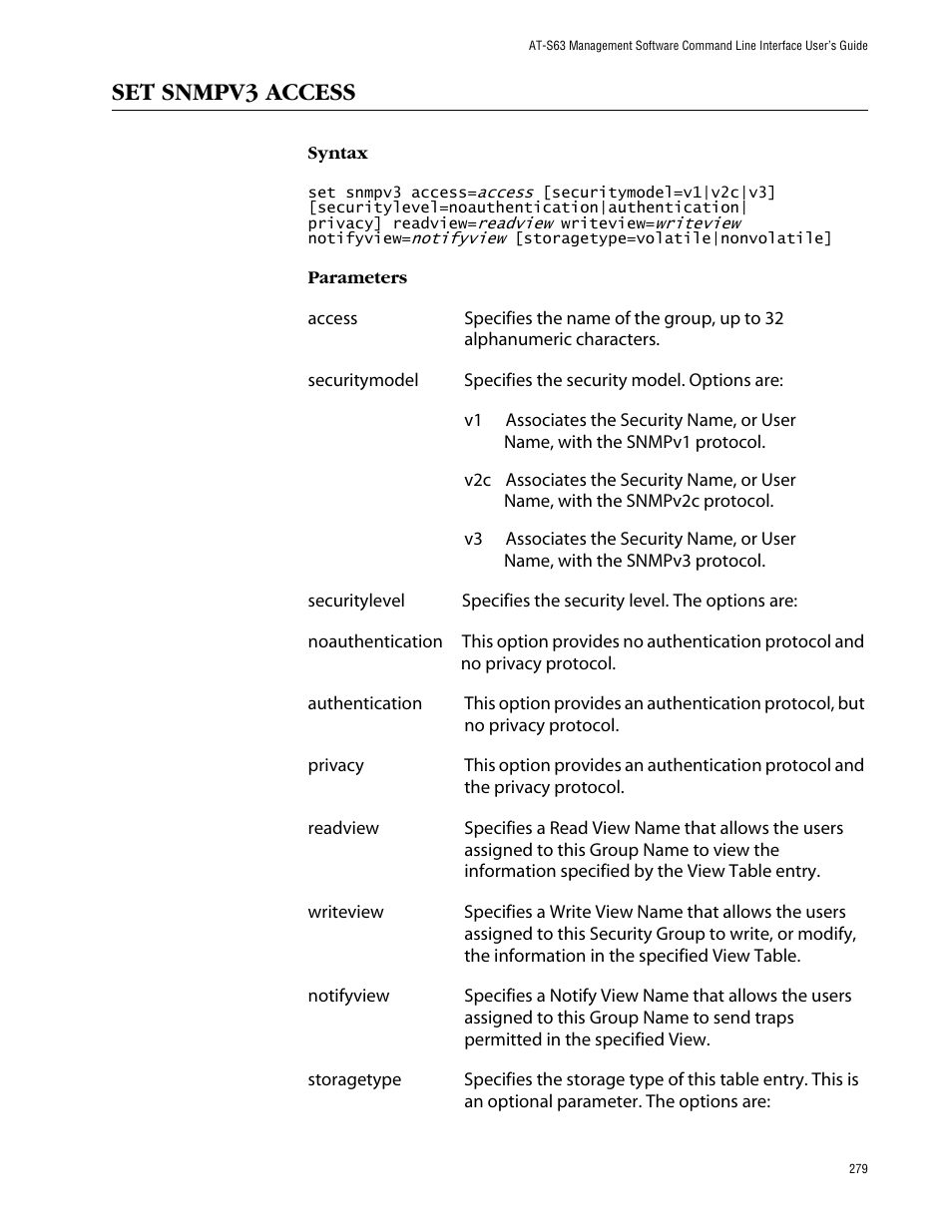 Set snmpv3 access | Allied Telesis AT-S63 User Manual | Page 279 / 464