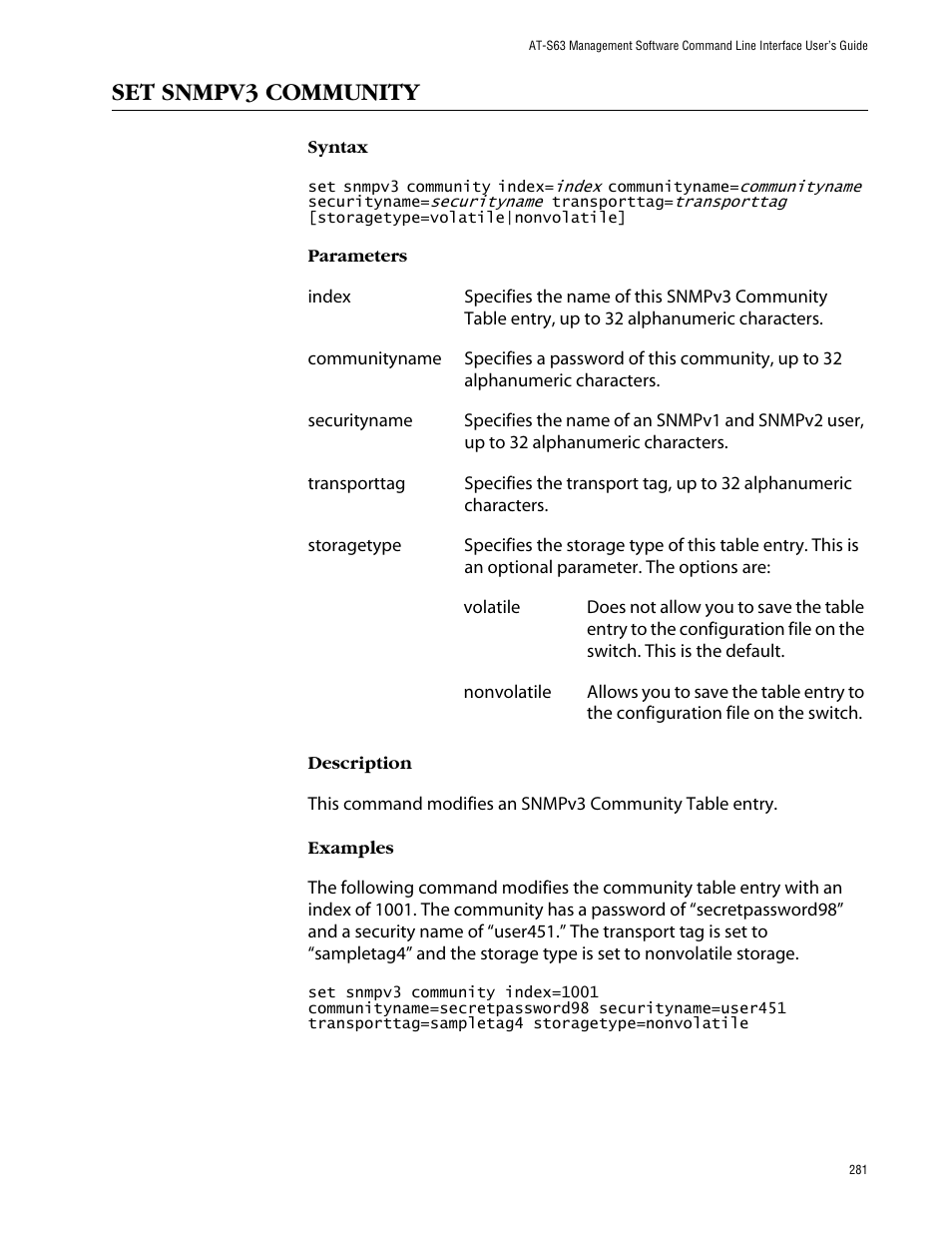 Set snmpv3 community | Allied Telesis AT-S63 User Manual | Page 281 / 464
