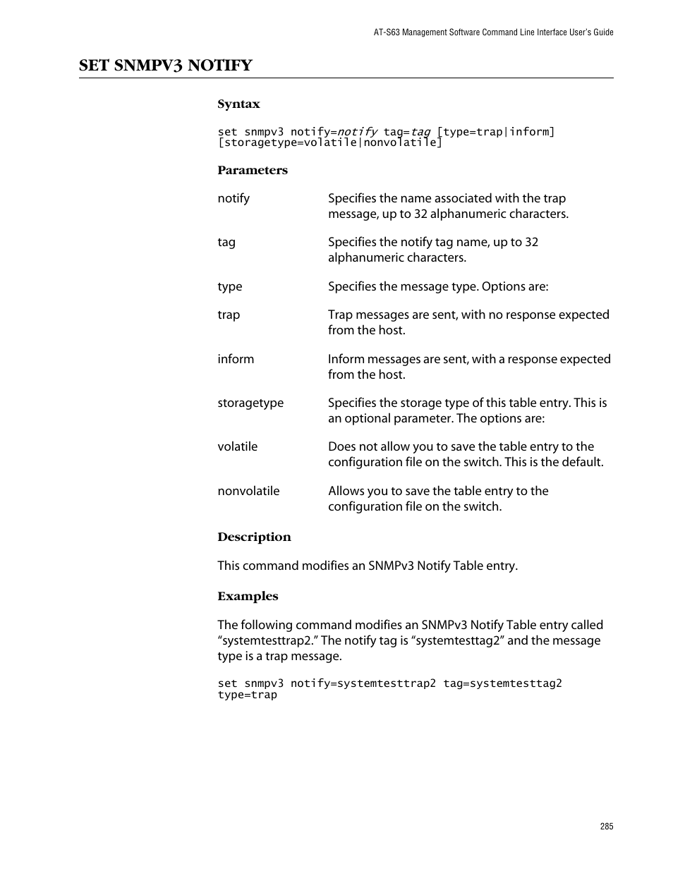 Set snmpv3 notify | Allied Telesis AT-S63 User Manual | Page 285 / 464