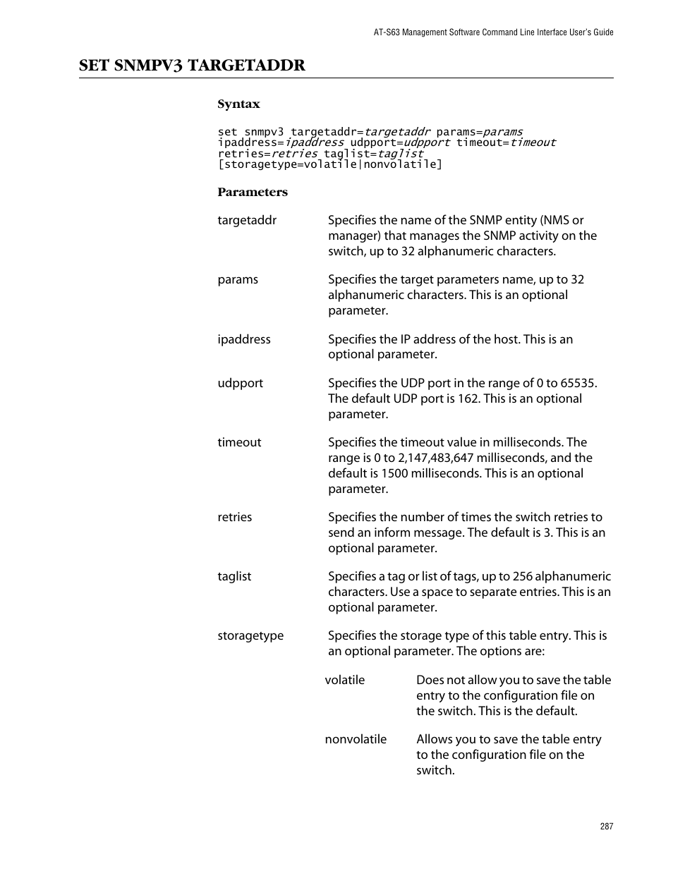 Set snmpv3 targetaddr | Allied Telesis AT-S63 User Manual | Page 287 / 464