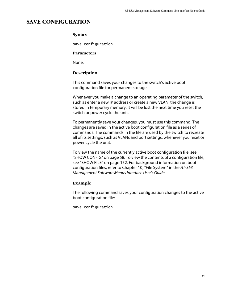 Save configuration | Allied Telesis AT-S63 User Manual | Page 29 / 464