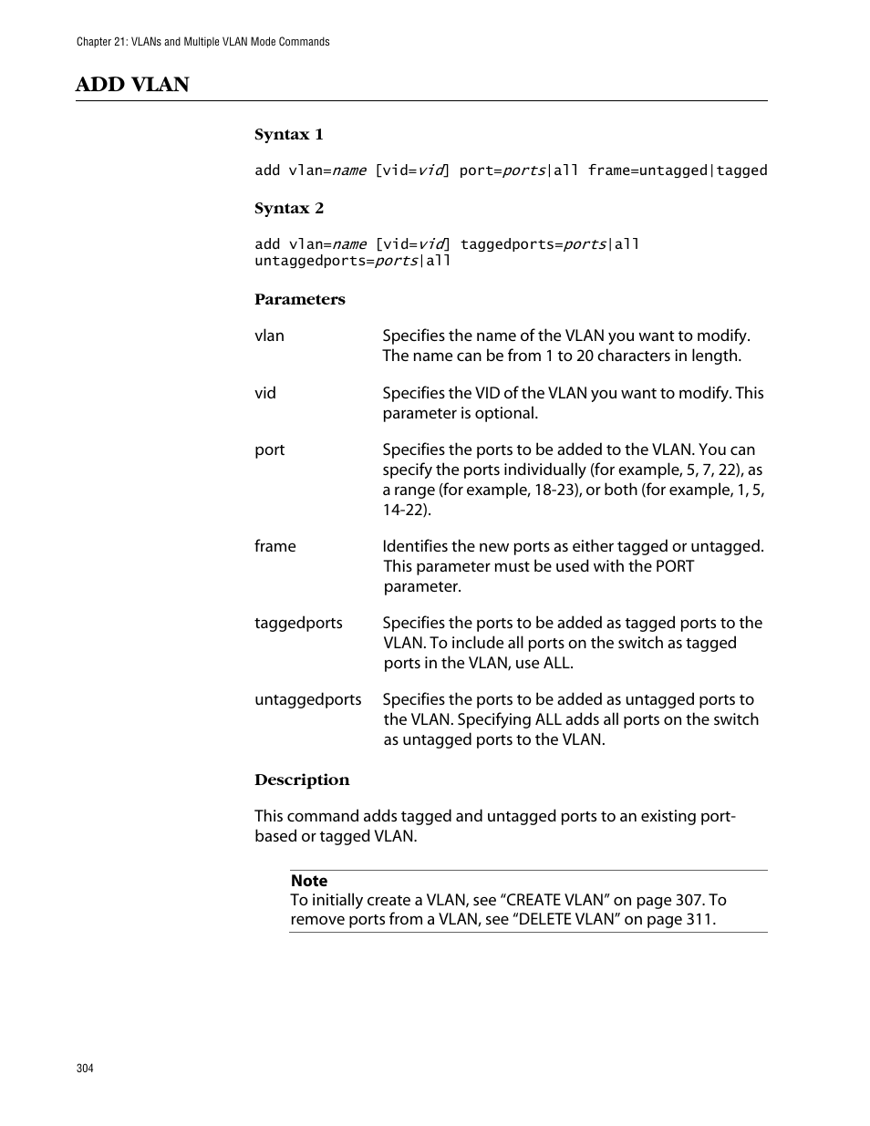Add vlan | Allied Telesis AT-S63 User Manual | Page 304 / 464