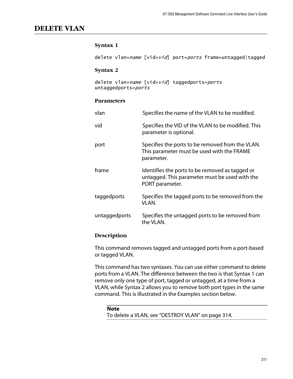 Delete vlan | Allied Telesis AT-S63 User Manual | Page 311 / 464
