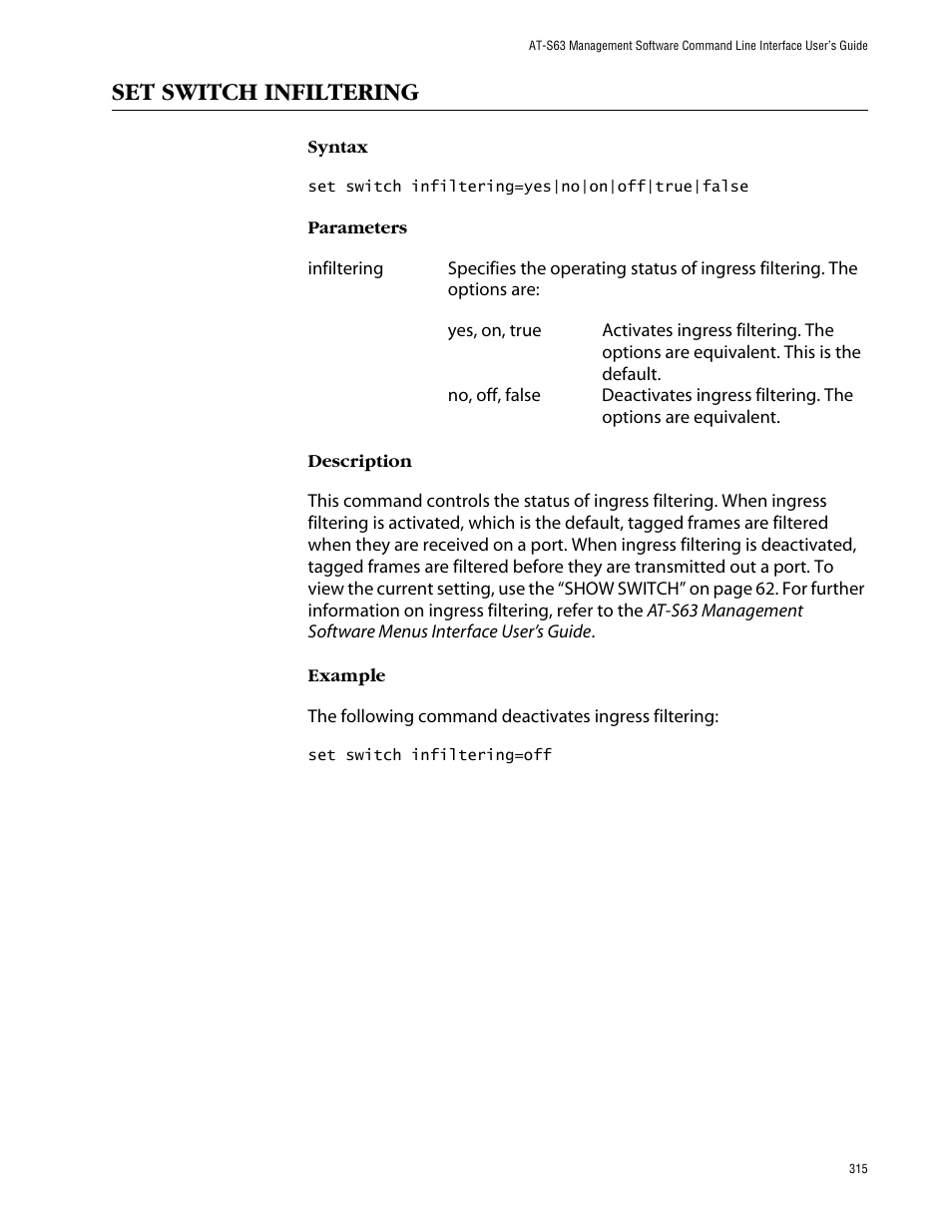 Set switch infiltering | Allied Telesis AT-S63 User Manual | Page 315 / 464