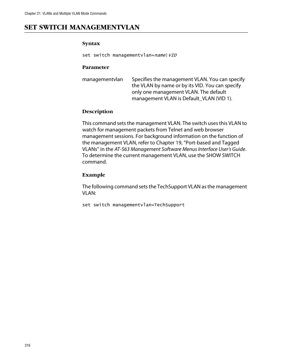 Set switch managementvlan | Allied Telesis AT-S63 User Manual | Page 316 / 464
