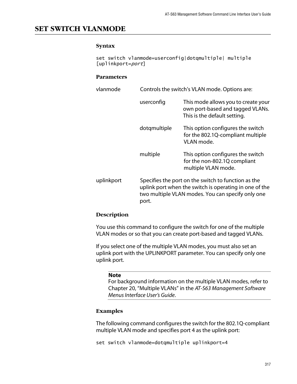 Set switch vlanmode | Allied Telesis AT-S63 User Manual | Page 317 / 464