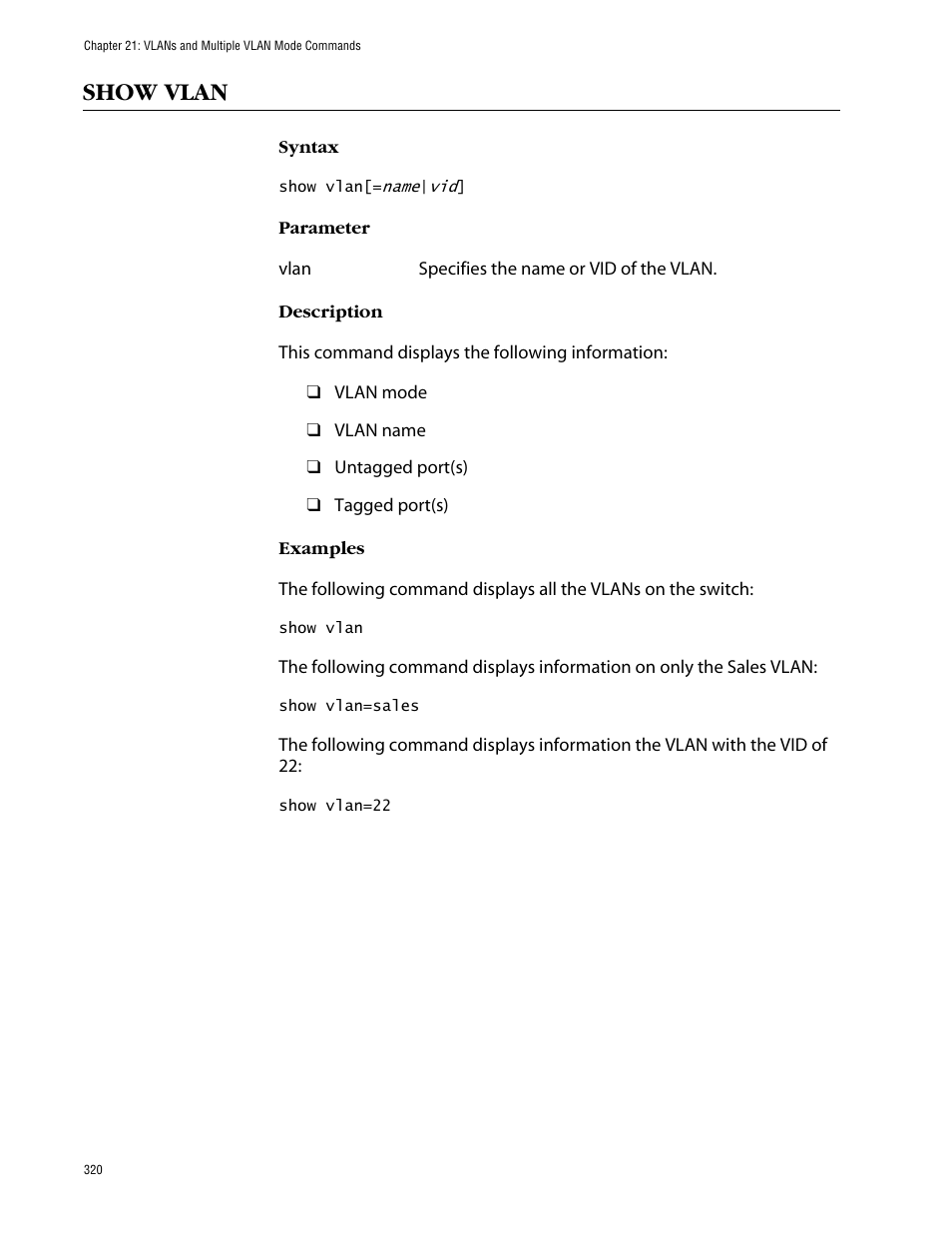 Show vlan | Allied Telesis AT-S63 User Manual | Page 320 / 464