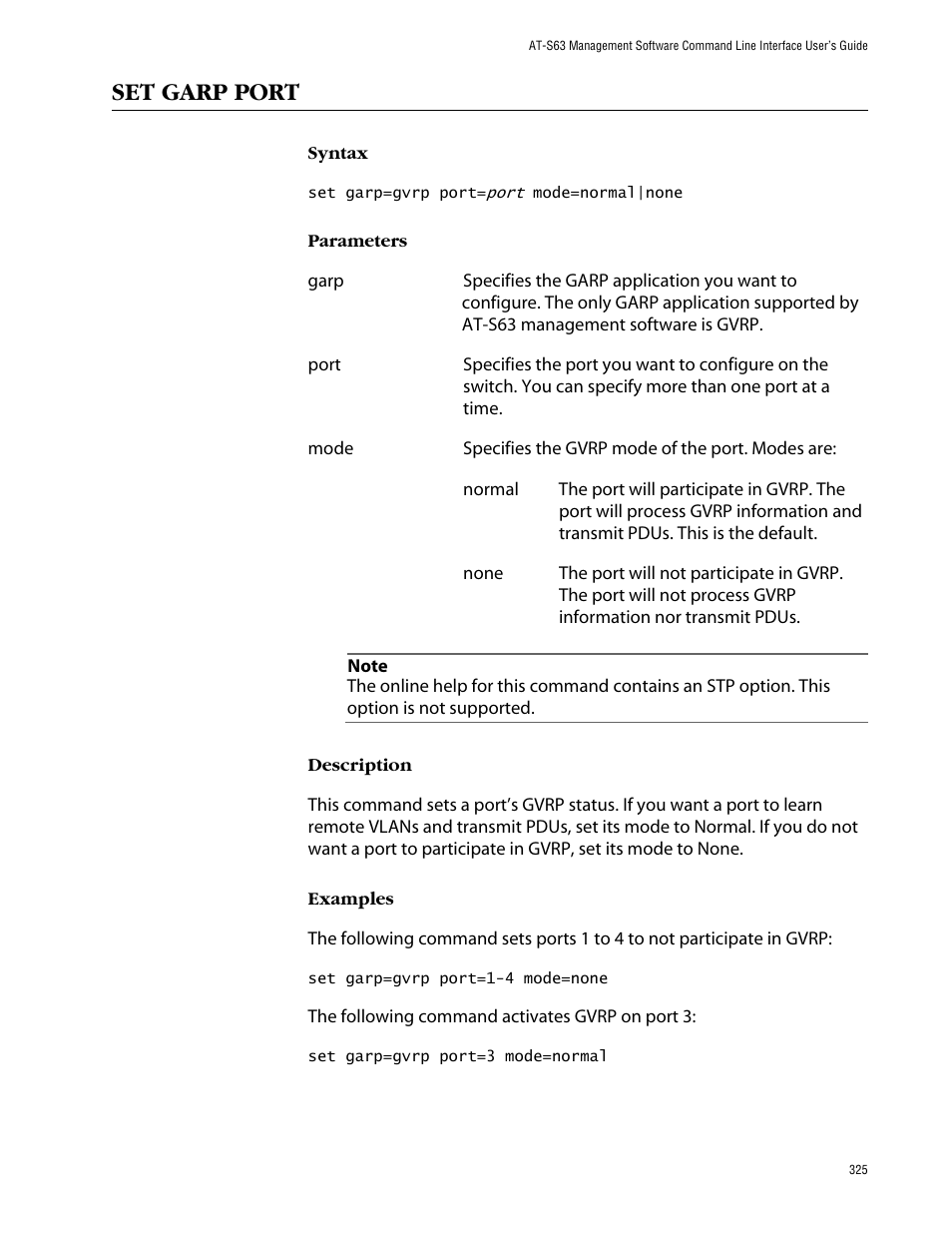Set garp port | Allied Telesis AT-S63 User Manual | Page 325 / 464