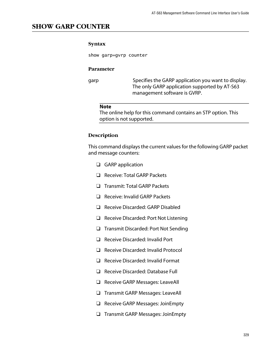 Show garp counter | Allied Telesis AT-S63 User Manual | Page 329 / 464
