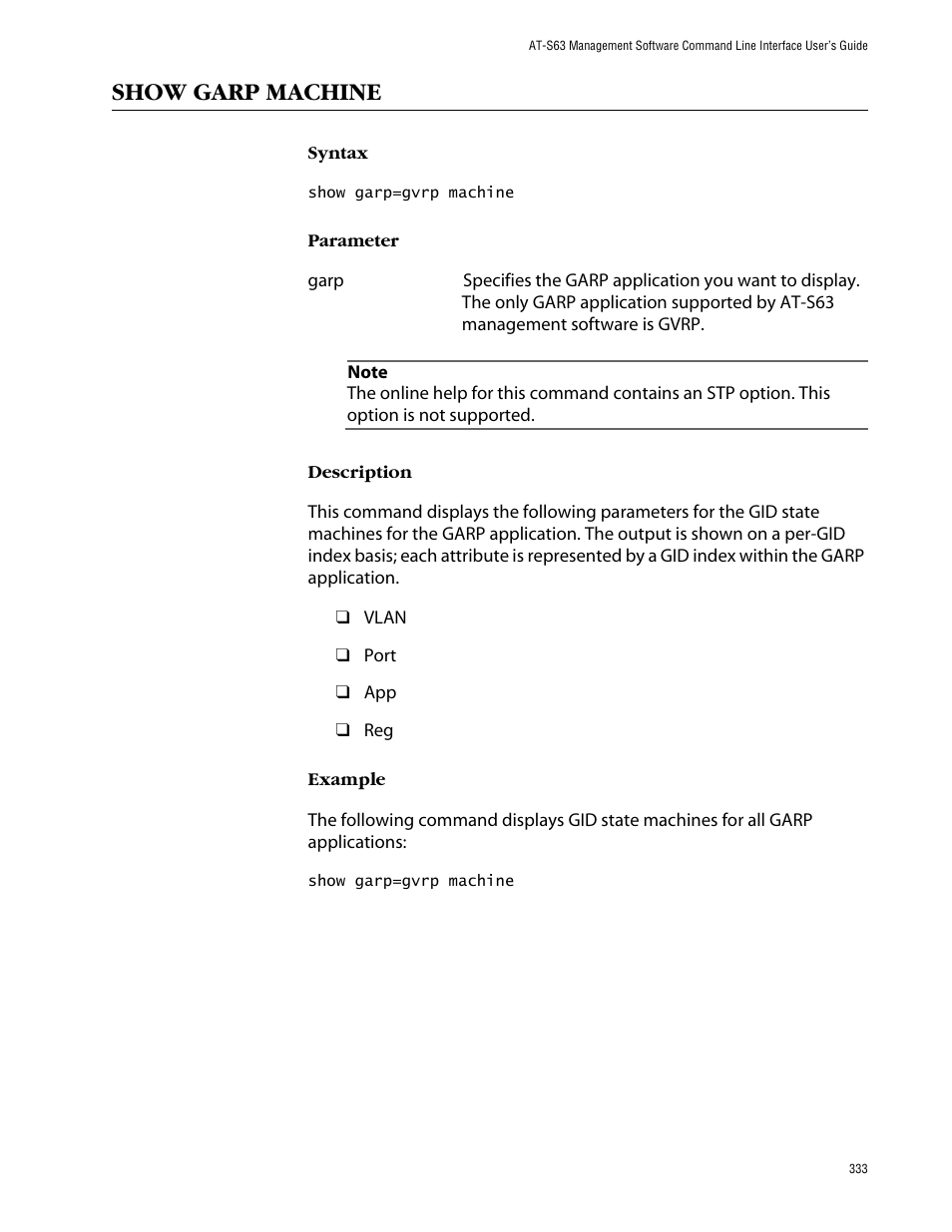 Show garp machine | Allied Telesis AT-S63 User Manual | Page 333 / 464