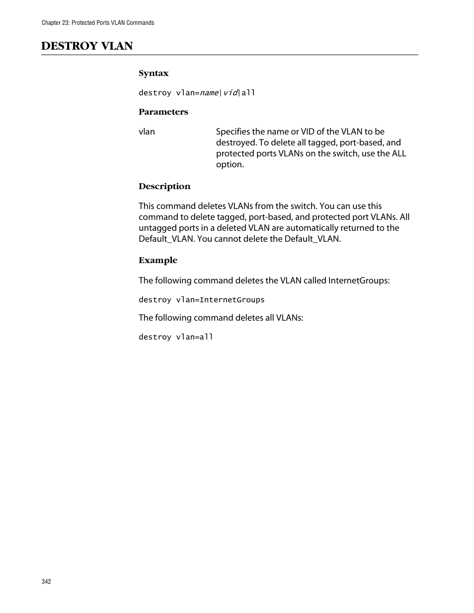 Destroy vlan | Allied Telesis AT-S63 User Manual | Page 342 / 464