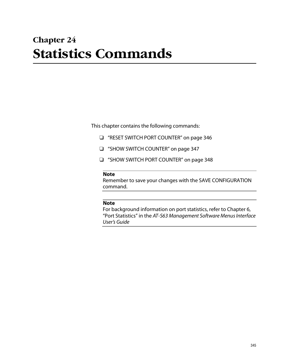 Chapter 24, Statistics commands, Chapter 24 statistics commands | Allied Telesis AT-S63 User Manual | Page 345 / 464
