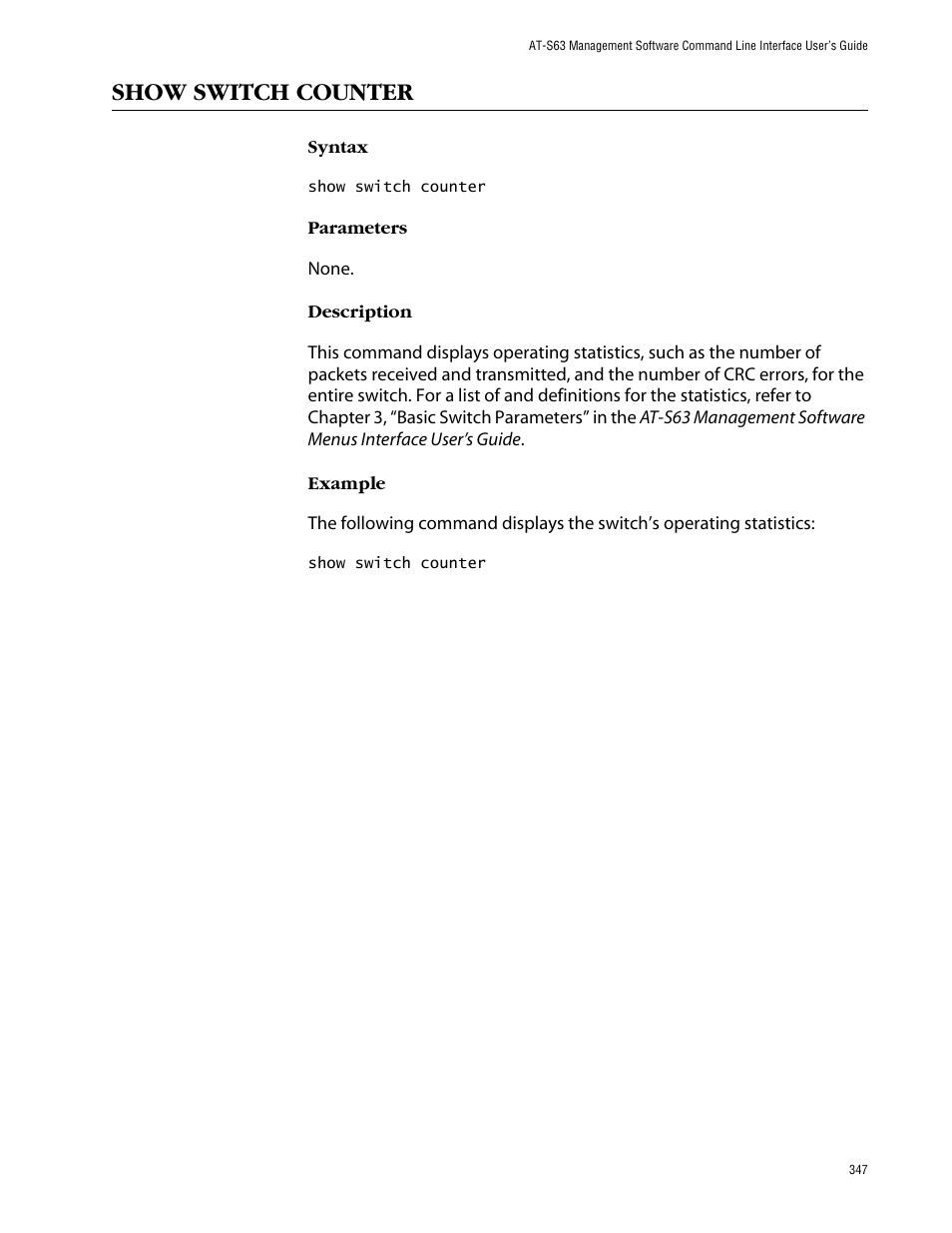Show switch counter | Allied Telesis AT-S63 User Manual | Page 347 / 464