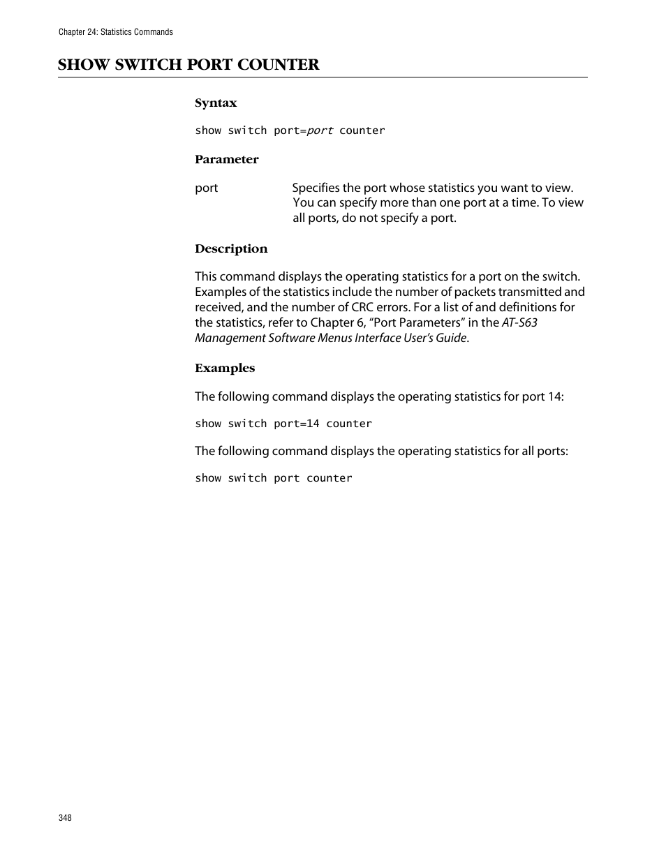 Show switch port counter | Allied Telesis AT-S63 User Manual | Page 348 / 464