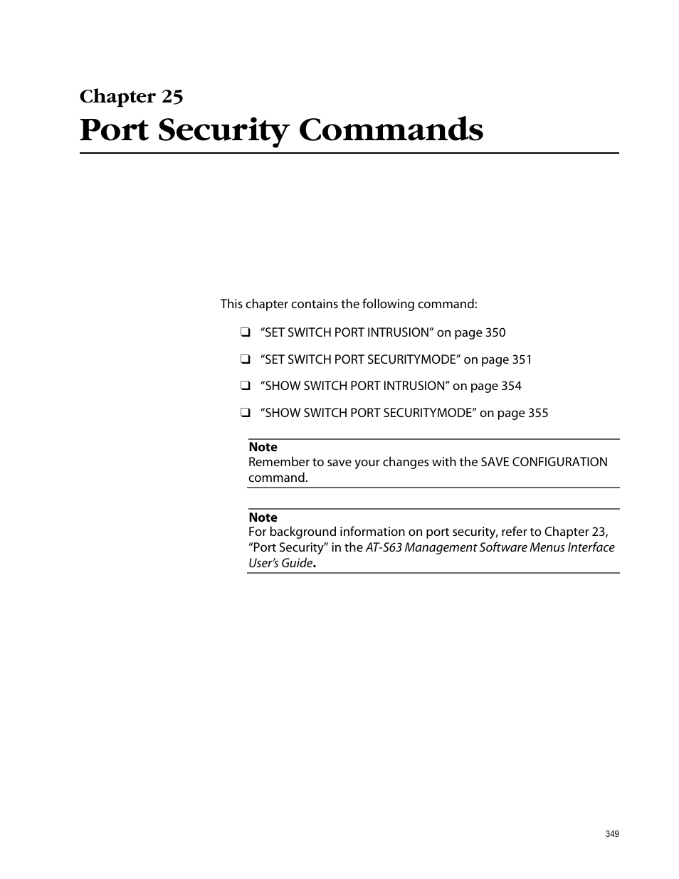 Chapter 25, Port security commands, Chapter 25 port security commands | Allied Telesis AT-S63 User Manual | Page 349 / 464