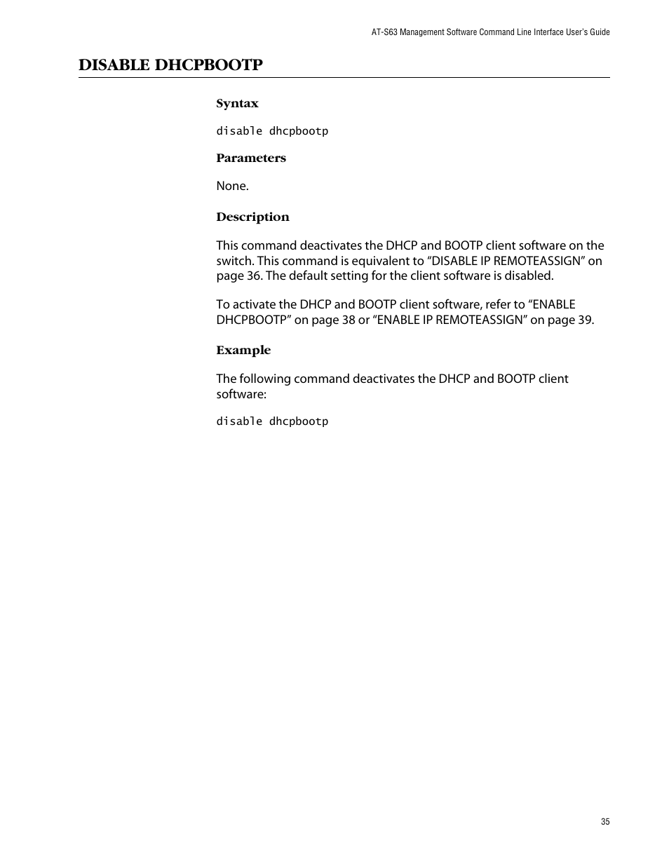 Disable dhcpbootp | Allied Telesis AT-S63 User Manual | Page 35 / 464