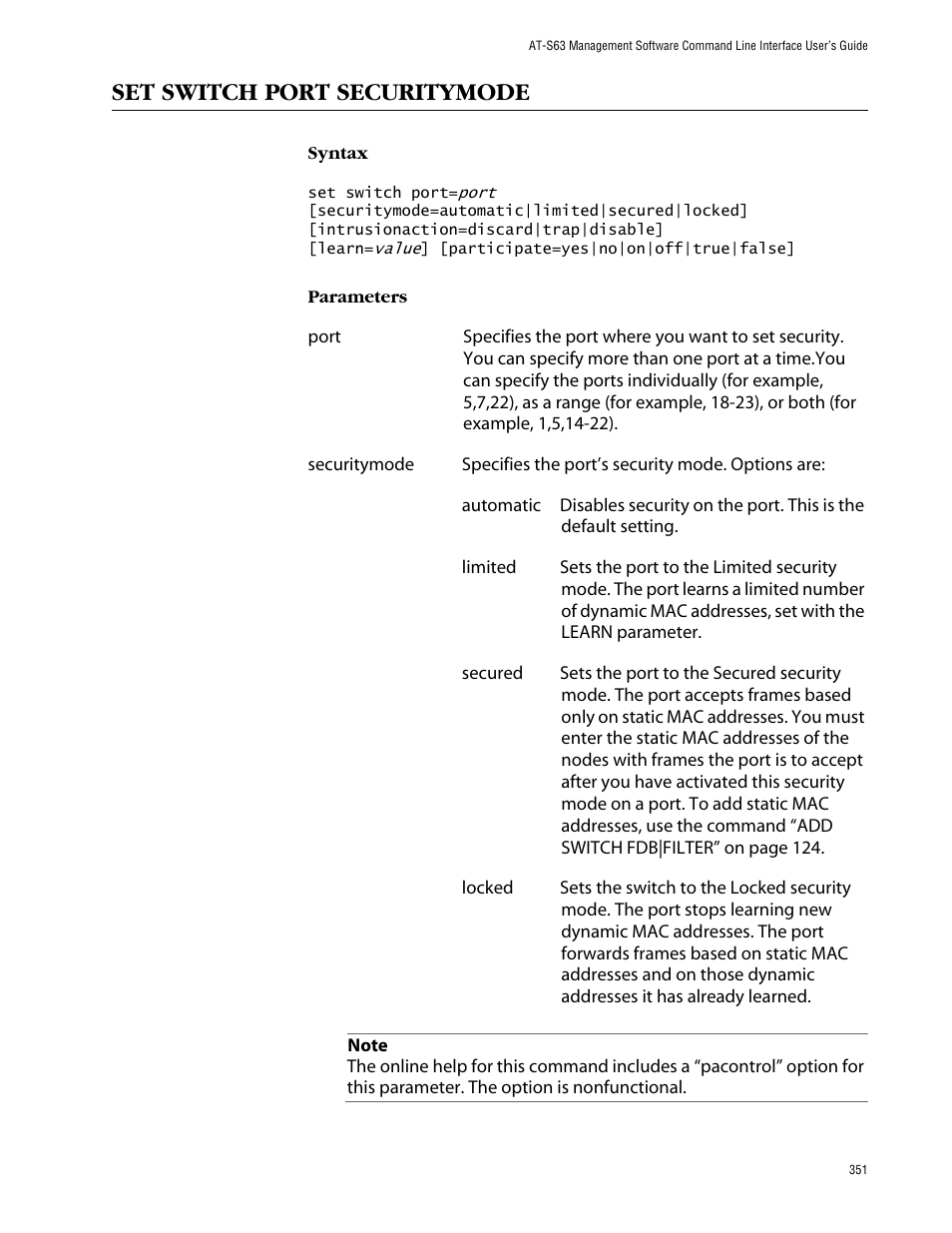 Set switch port securitymode | Allied Telesis AT-S63 User Manual | Page 351 / 464