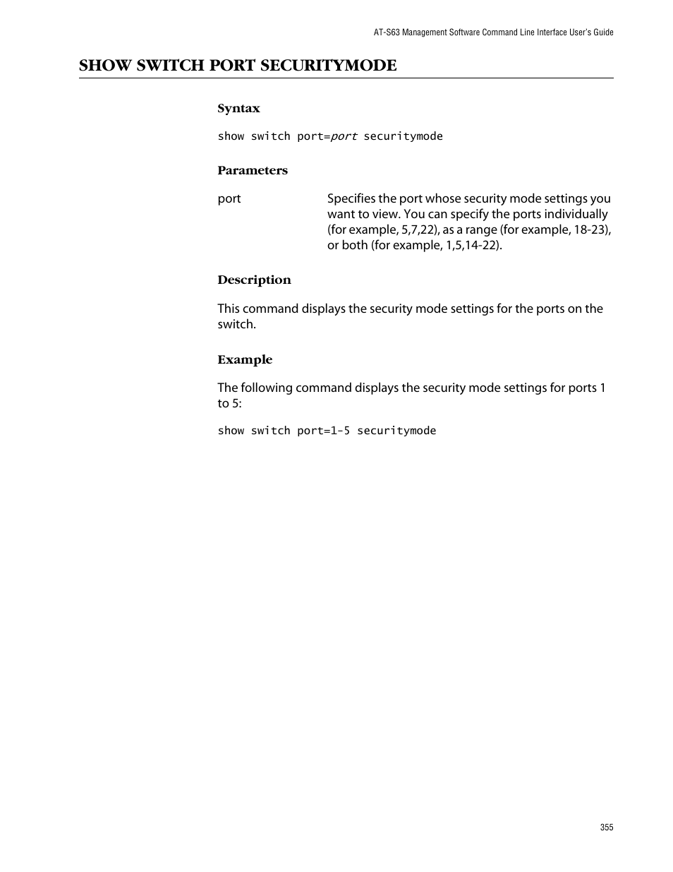 Show switch port securitymode | Allied Telesis AT-S63 User Manual | Page 355 / 464