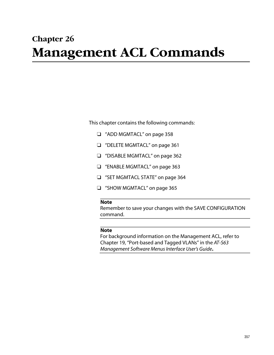 Chapter 26, Management acl commands, Chapter 26 management acl commands | Allied Telesis AT-S63 User Manual | Page 357 / 464