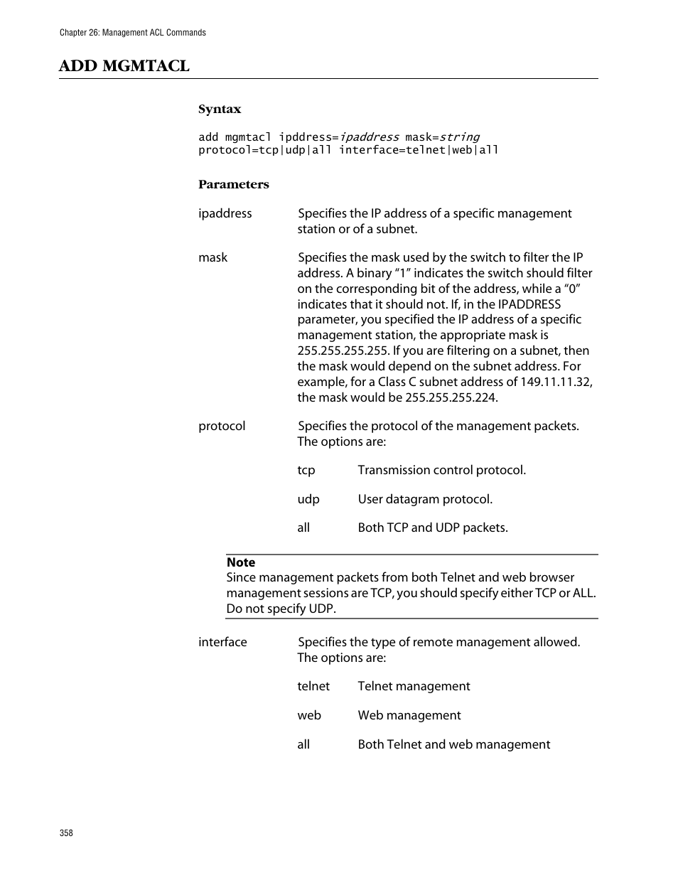 Add mgmtacl | Allied Telesis AT-S63 User Manual | Page 358 / 464