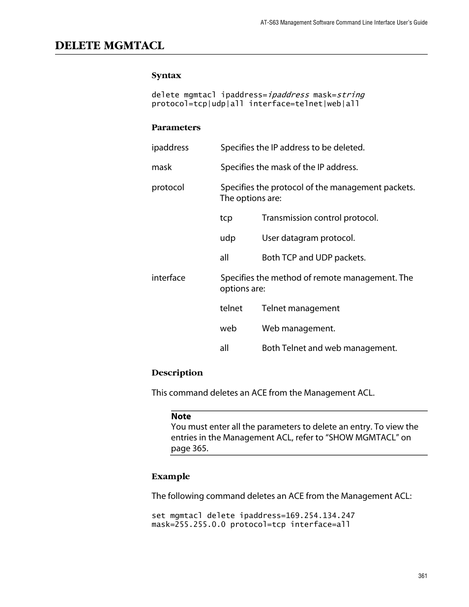 Delete mgmtacl | Allied Telesis AT-S63 User Manual | Page 361 / 464