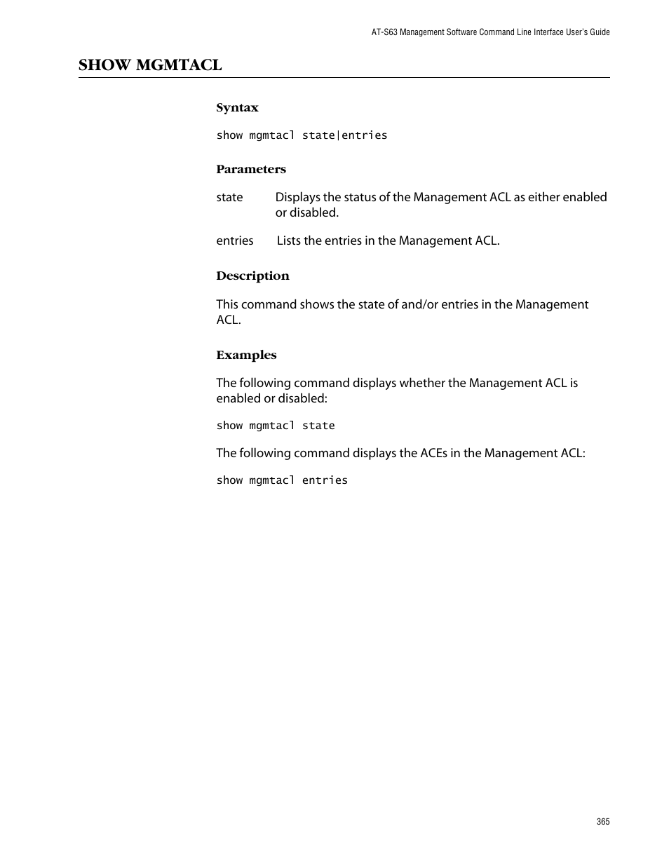Show mgmtacl | Allied Telesis AT-S63 User Manual | Page 365 / 464