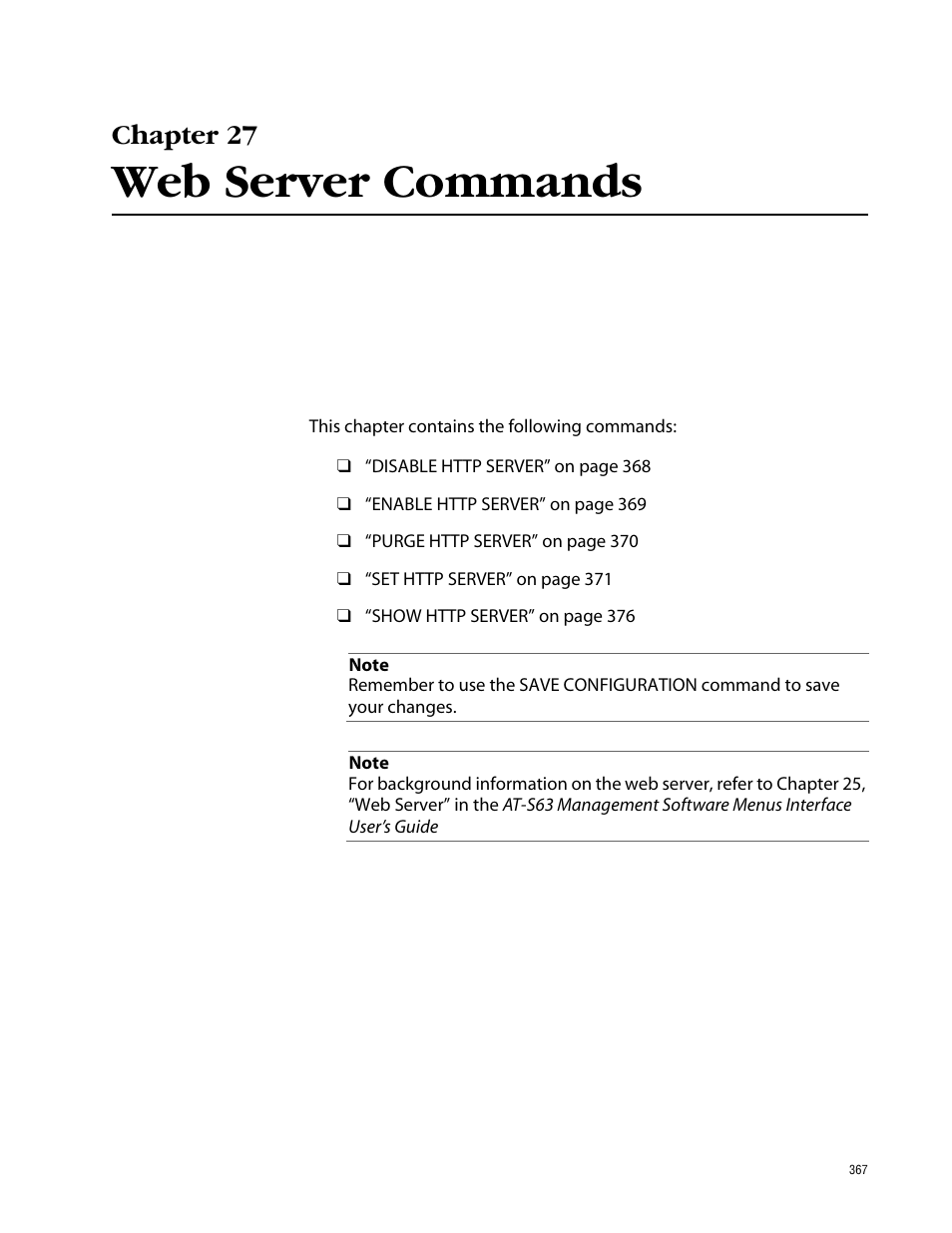 Chapter 27, Web server commands, Chapter 27 web server commands | Allied Telesis AT-S63 User Manual | Page 367 / 464