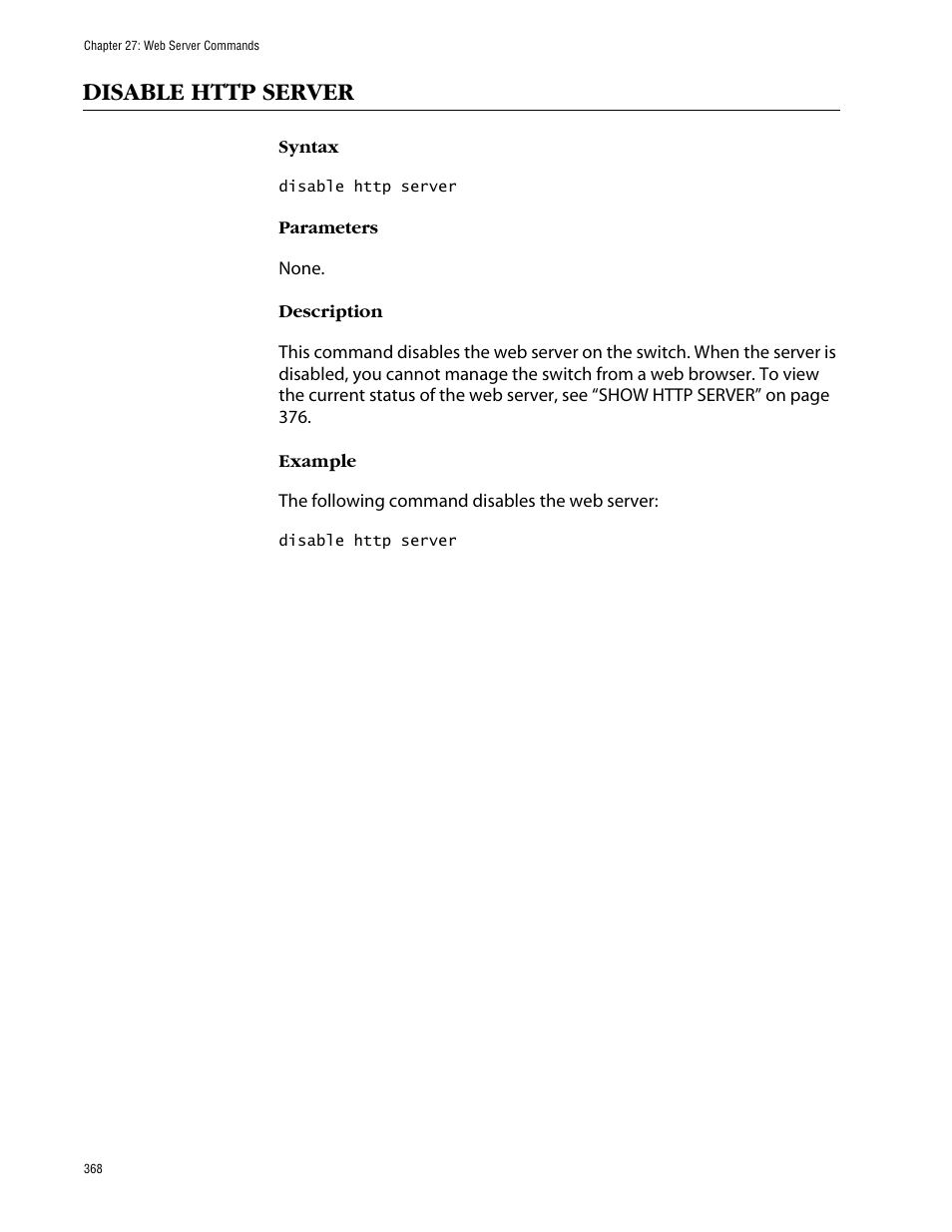 Disable http server | Allied Telesis AT-S63 User Manual | Page 368 / 464