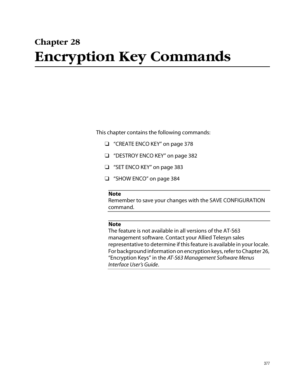 Chapter 28, Encryption key commands, Chapter 28 encryption key commands | Allied Telesis AT-S63 User Manual | Page 377 / 464