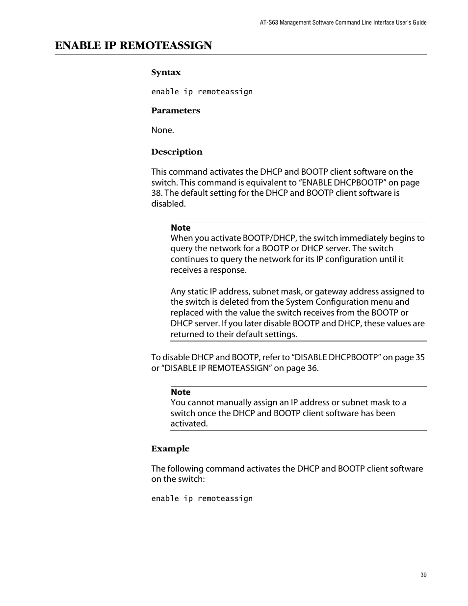 Enable ip remoteassign | Allied Telesis AT-S63 User Manual | Page 39 / 464