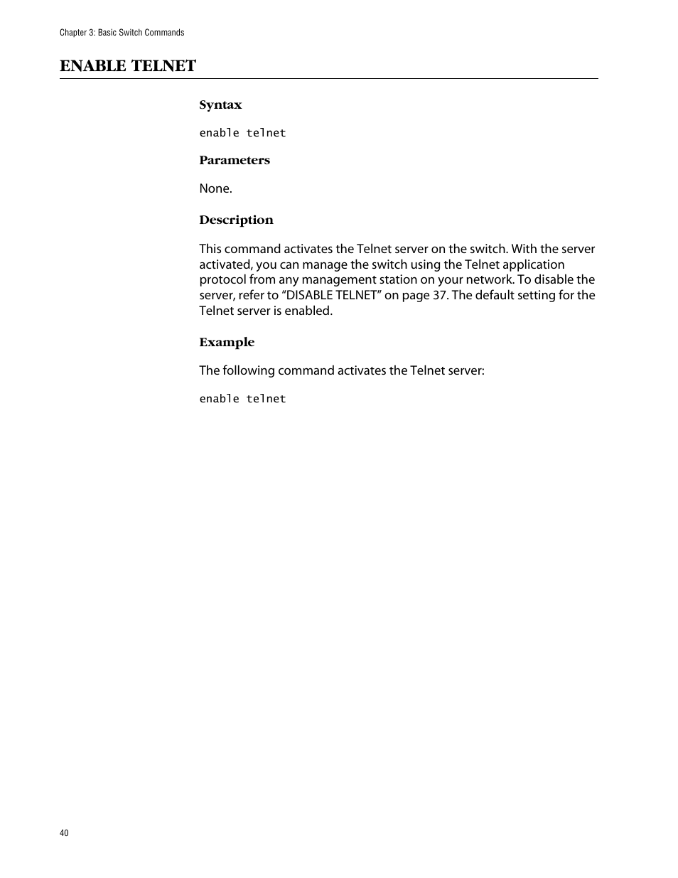 Enable telnet | Allied Telesis AT-S63 User Manual | Page 40 / 464