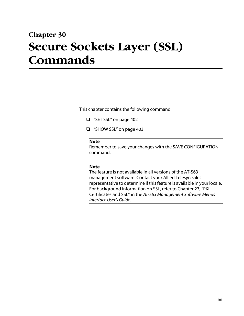 Chapter 30, Secure sockets layer (ssl) commands, Chapter 30 secure sockets layer (ssl) commands | Allied Telesis AT-S63 User Manual | Page 401 / 464