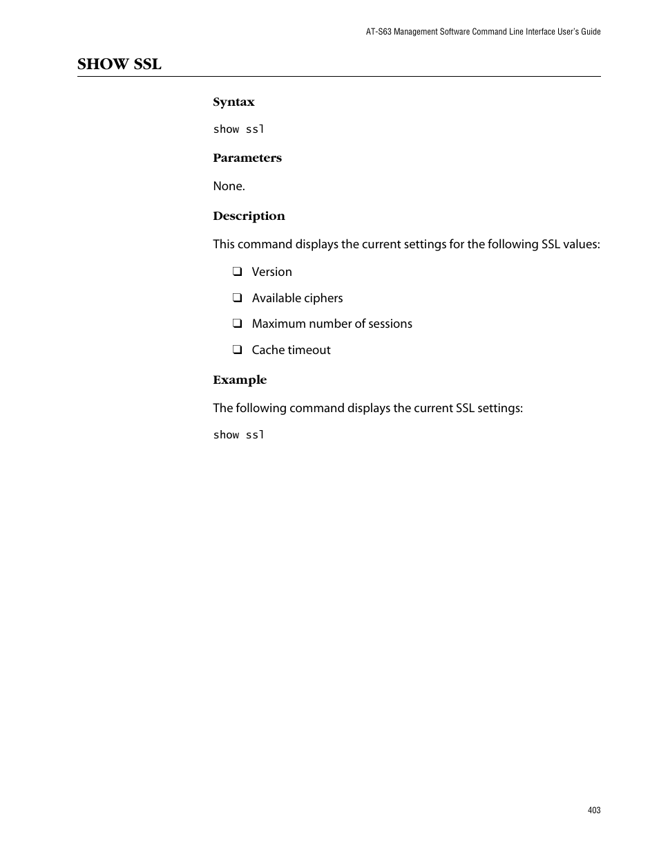 Show ssl | Allied Telesis AT-S63 User Manual | Page 403 / 464
