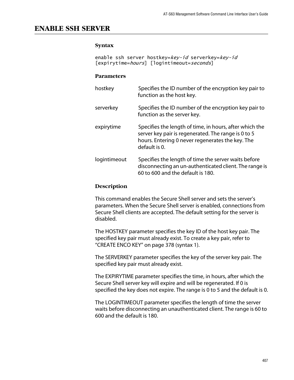 Enable ssh server | Allied Telesis AT-S63 User Manual | Page 407 / 464
