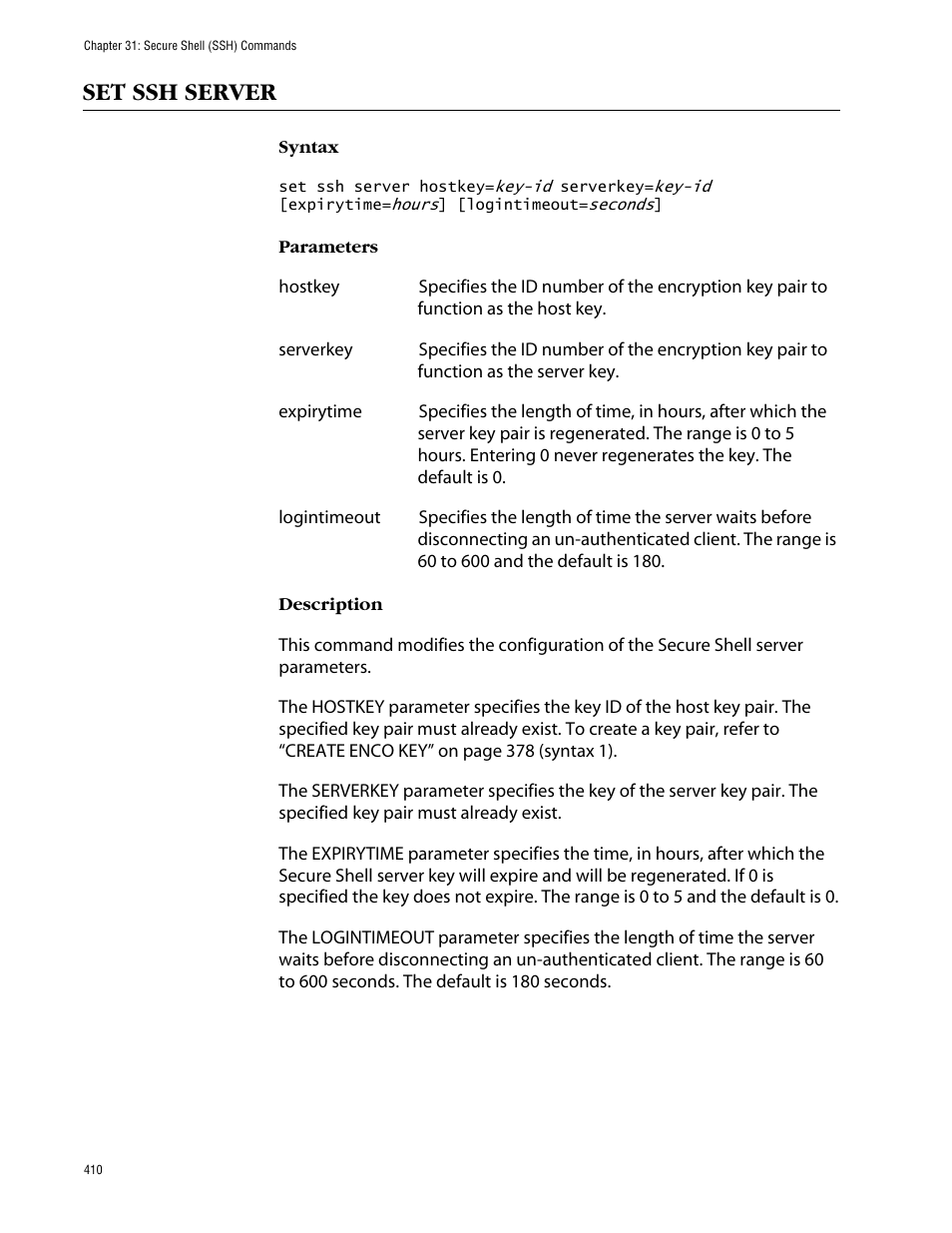 Set ssh server | Allied Telesis AT-S63 User Manual | Page 410 / 464