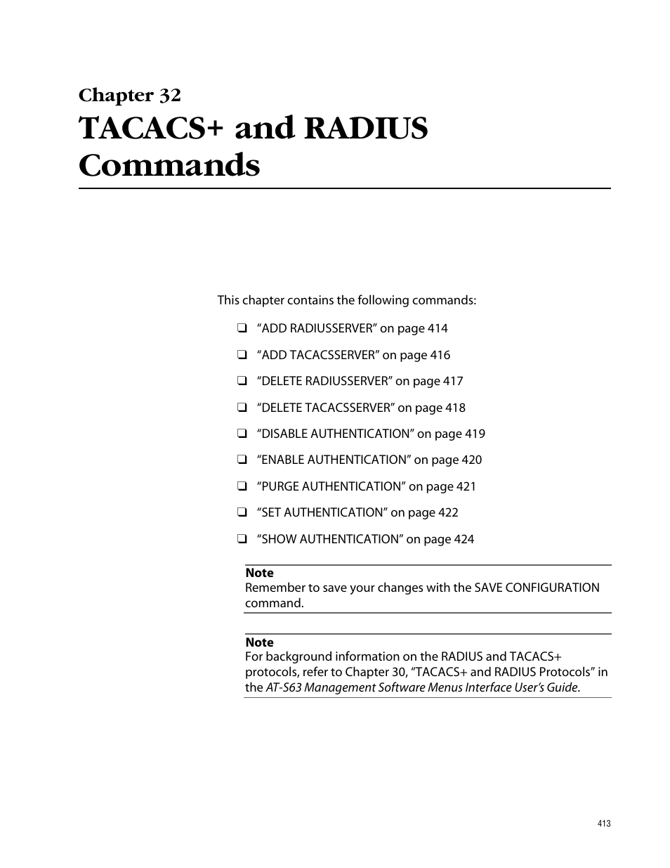 Chapter 32, Tacacs+ and radius commands, Chapter 32 tacacs+ and radius commands | Allied Telesis AT-S63 User Manual | Page 413 / 464