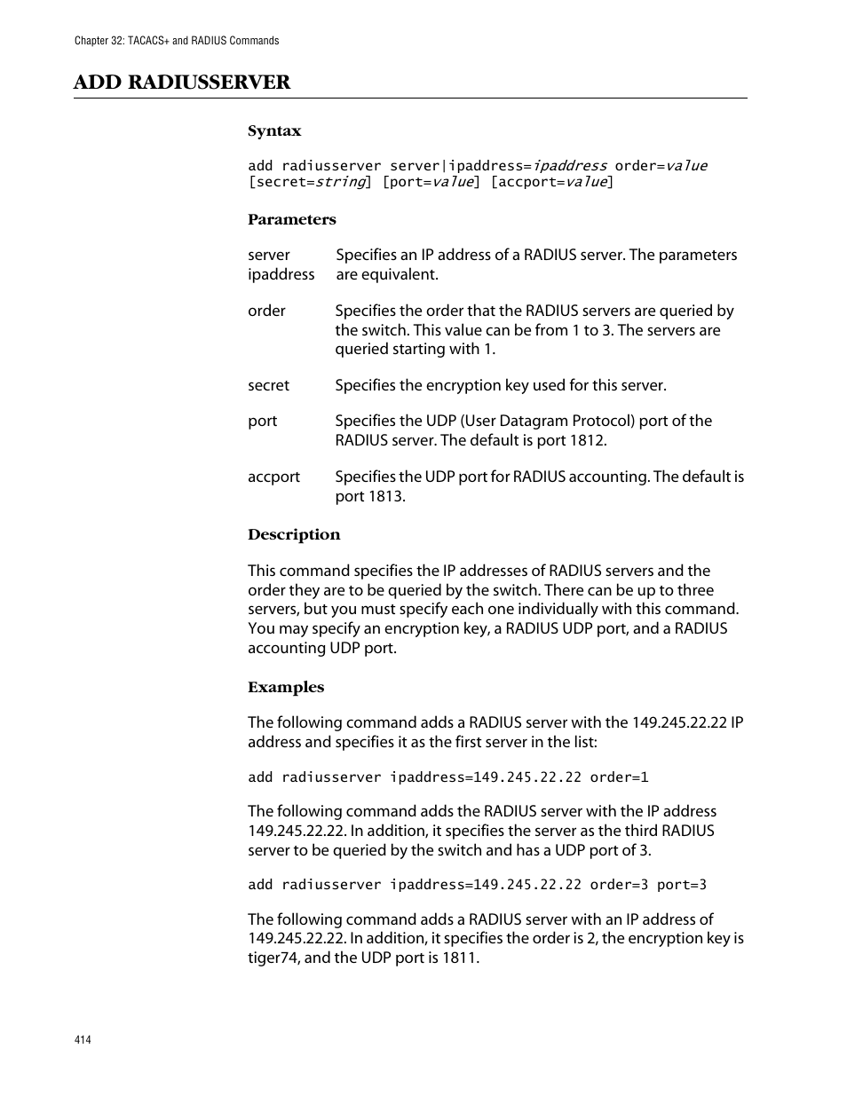 Add radiusserver | Allied Telesis AT-S63 User Manual | Page 414 / 464