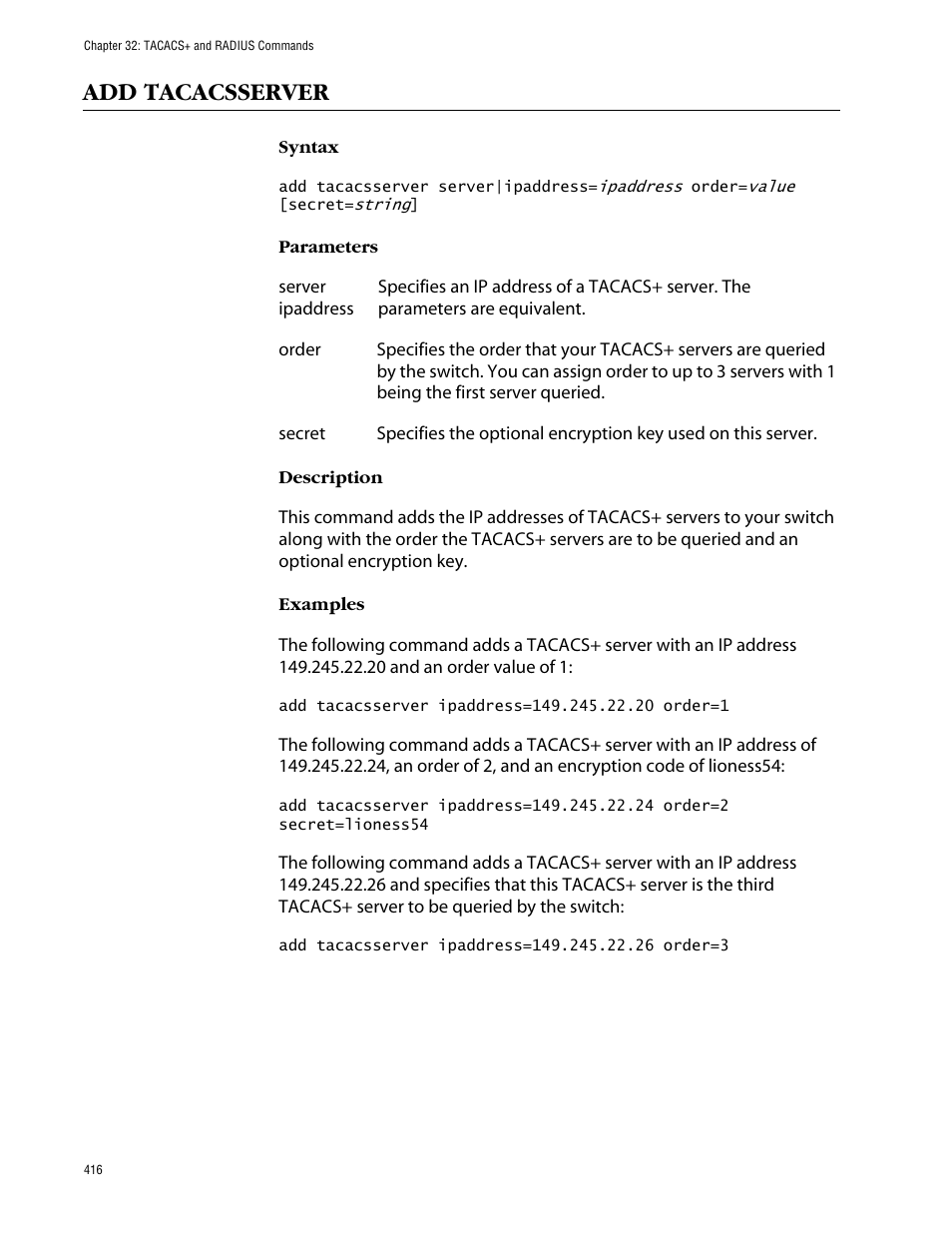 Add tacacsserver | Allied Telesis AT-S63 User Manual | Page 416 / 464