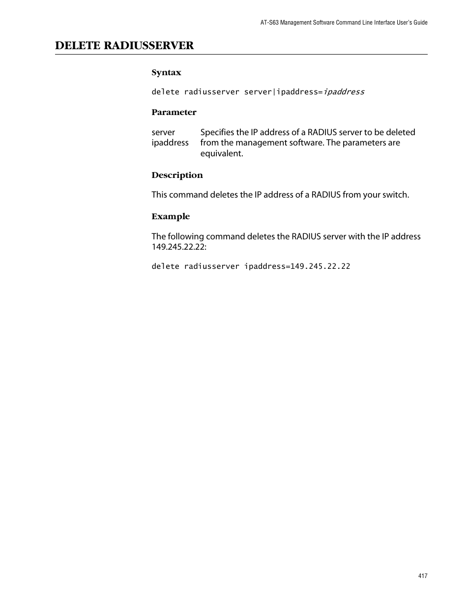 Delete radiusserver | Allied Telesis AT-S63 User Manual | Page 417 / 464